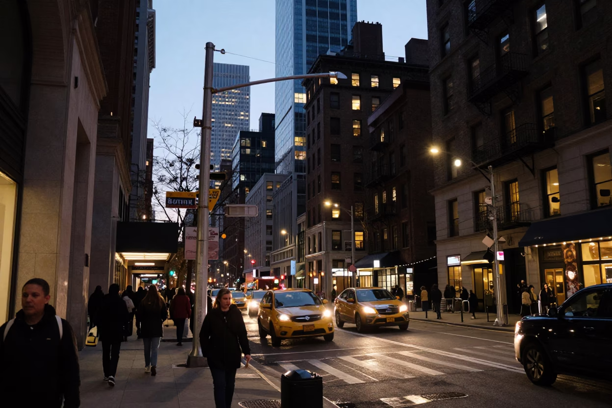 Street Scene in New York at As City Lights Begin To Glow in in New York, New York, United States