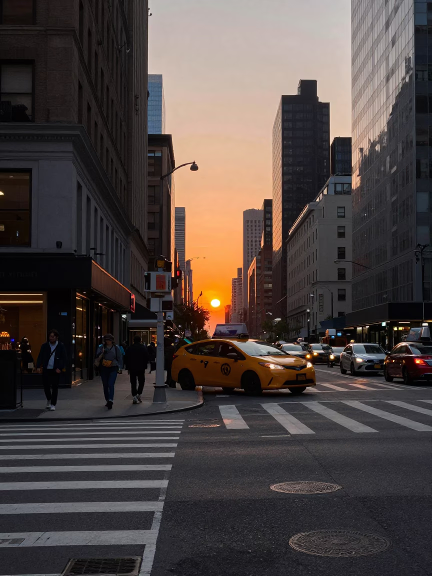 Street Scene in New York at As The Sun Drops Toward The Horizon in in New York, New York, United States