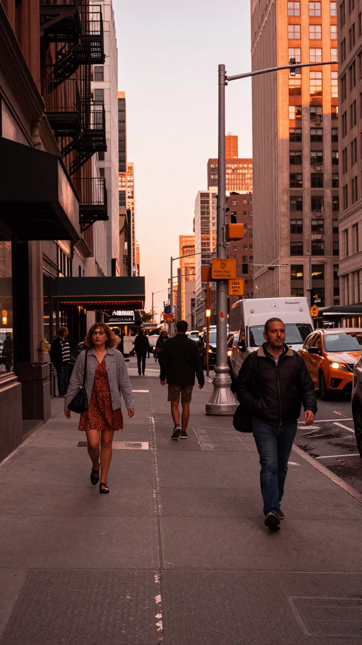 Street Scene in New York at Copper-toned Light Before Dusk in in New York, New York, United States