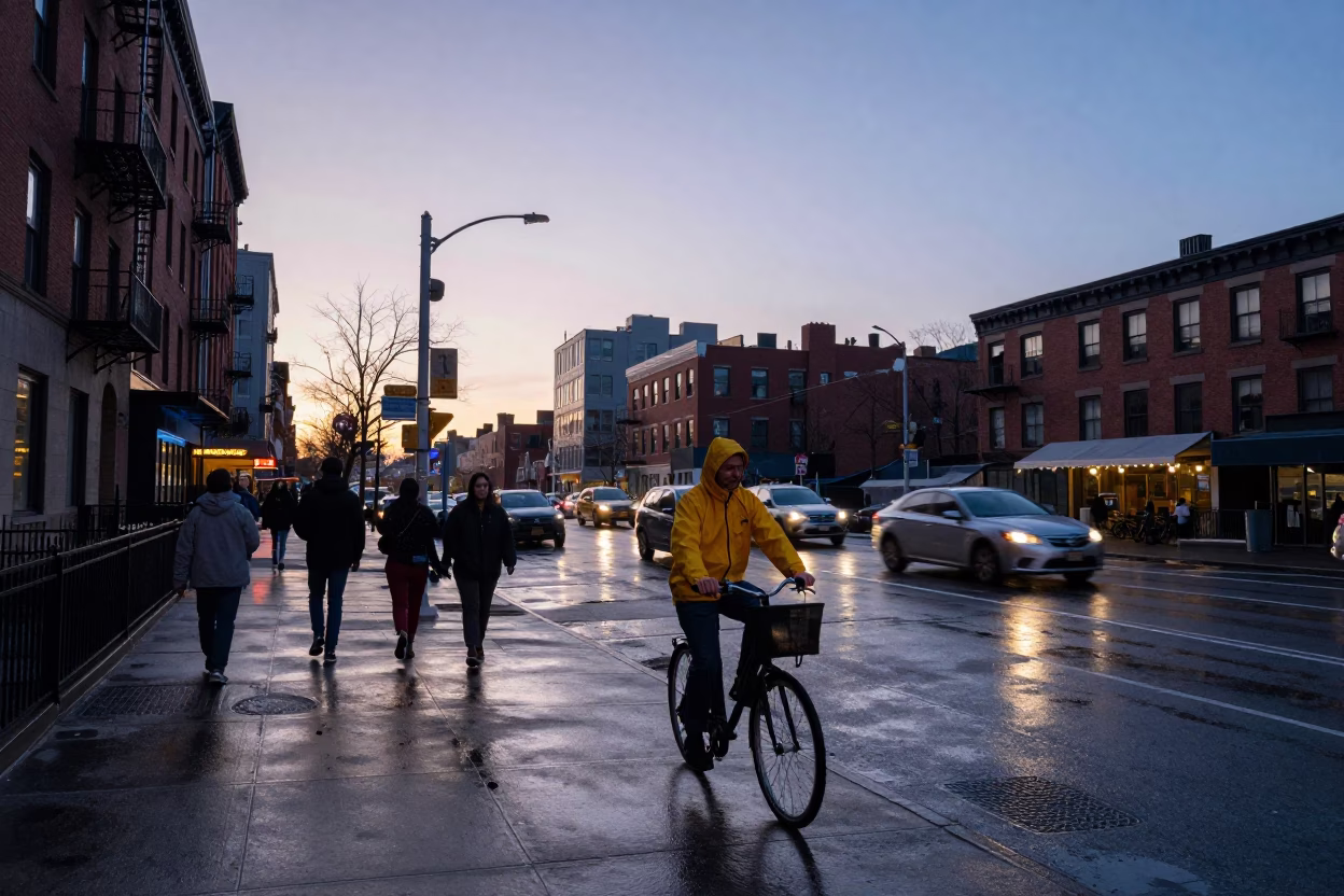 Street Scene in New York at Nautical Dawn Light in in New York, New York, United States