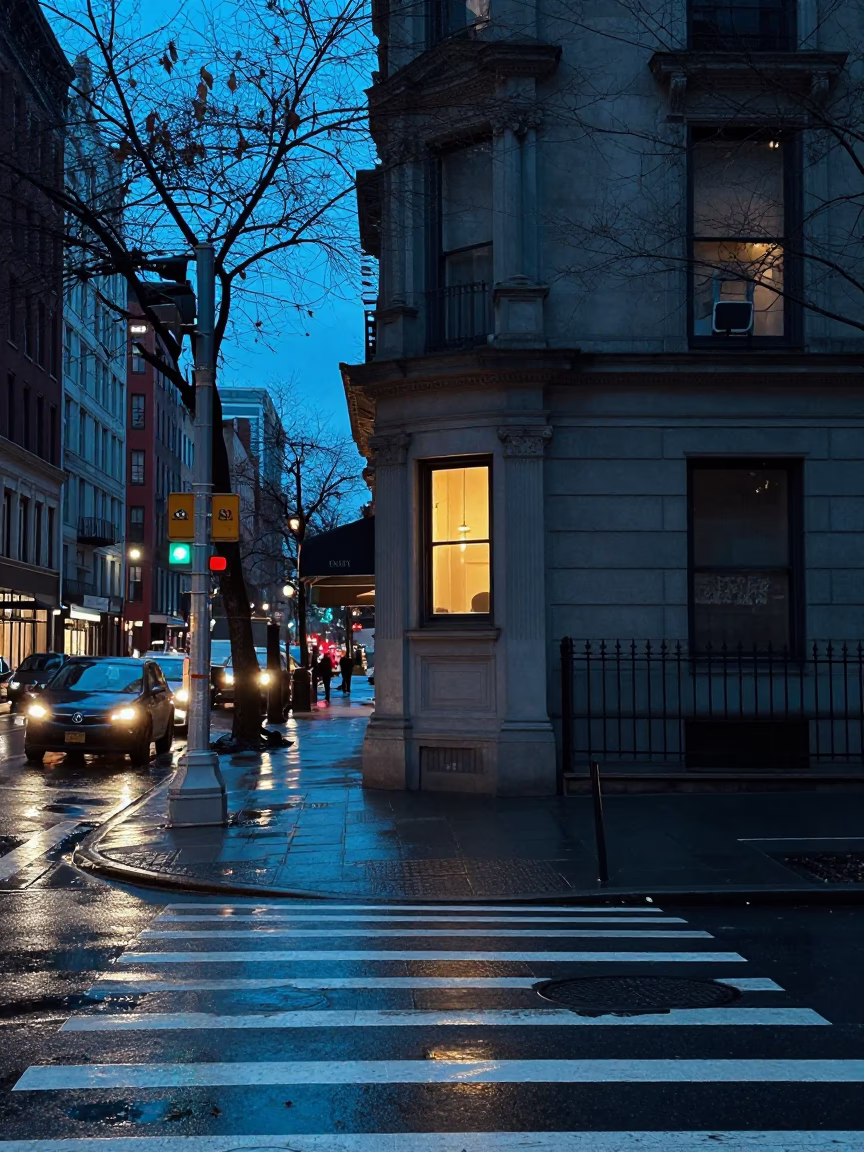 Street Scene in New York at The Last Blue Light Of Evening in in New York, New York, United States
