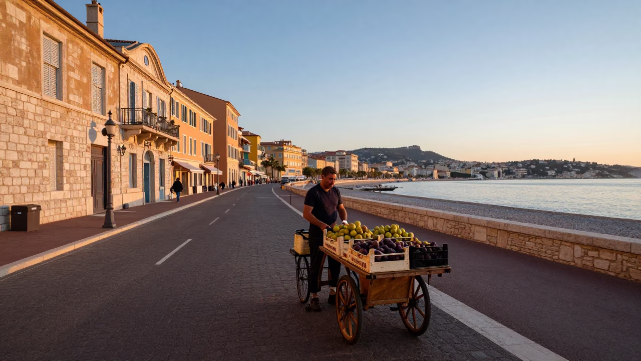 Street Scene in Nice at First Light Of Dawn in in Nice, France