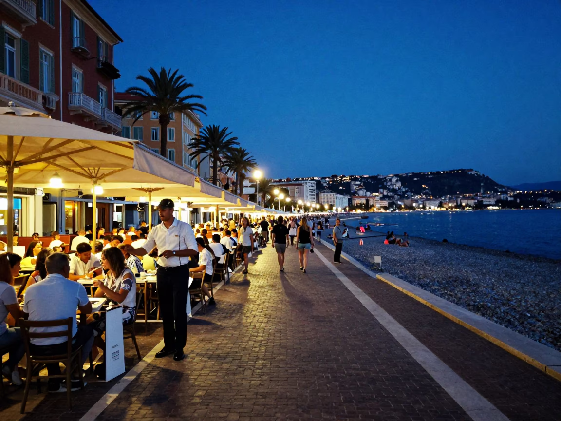 Street Scene in Nice at Indigo Twilight After Sunset in in Nice, France