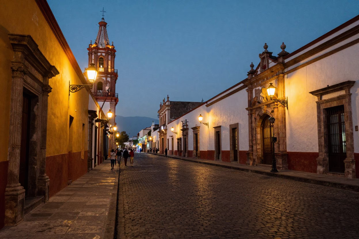 Street Scene in Oaxaca at As City Lights Begin To Glow in in Oaxaca, Mexico