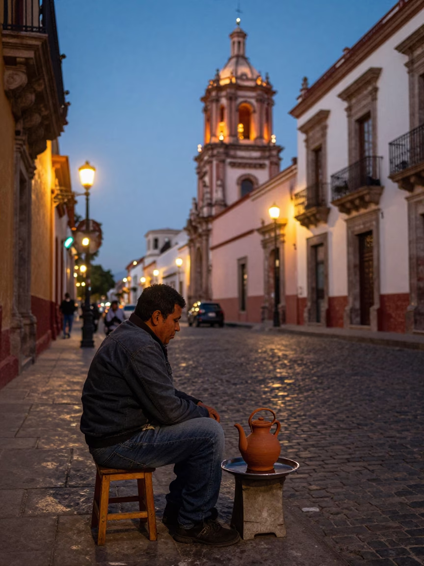 Street Scene in Oaxaca at As City Lights Begin To Glow in in Oaxaca, Mexico