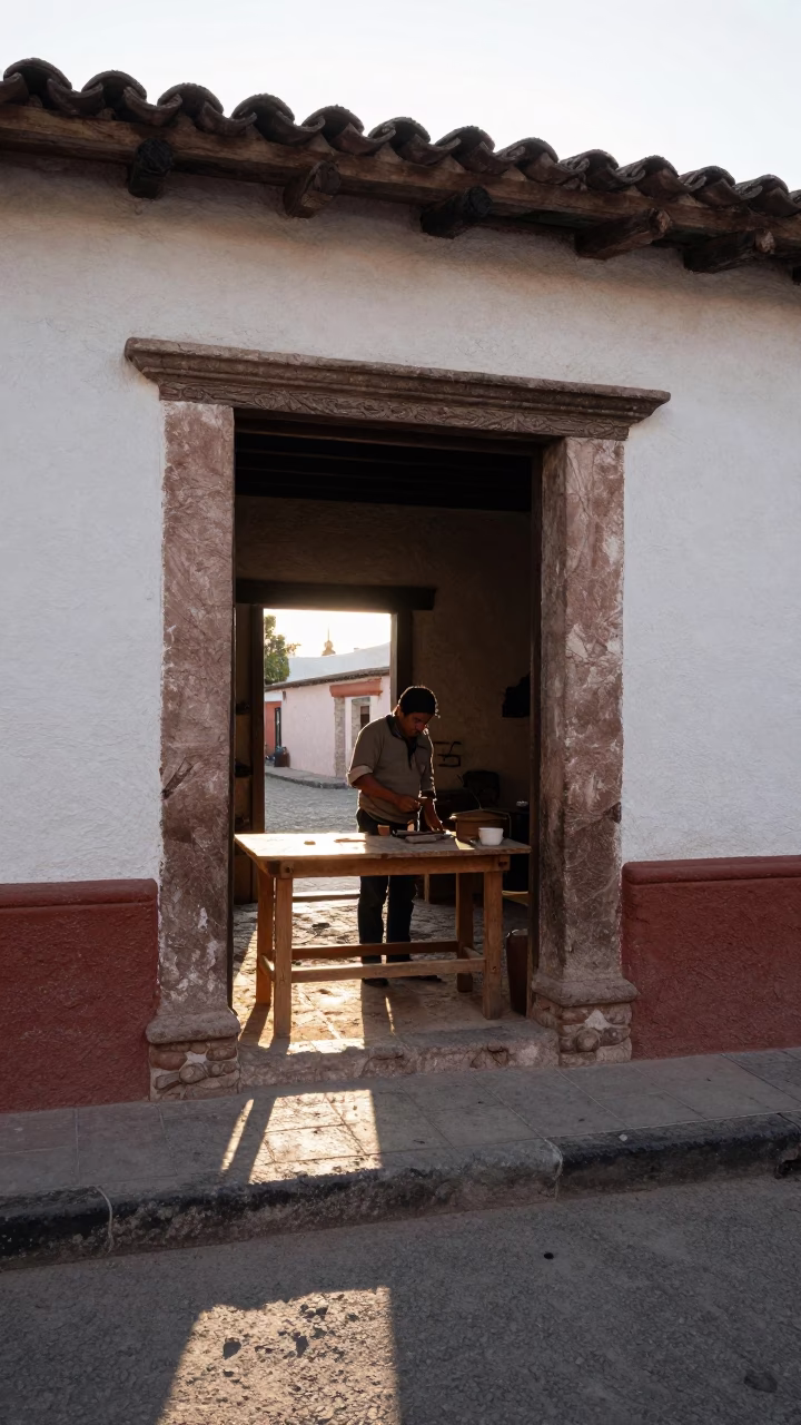 Street Scene in Oaxaca at As First Light Reaches The Scene in in Oaxaca, Mexico