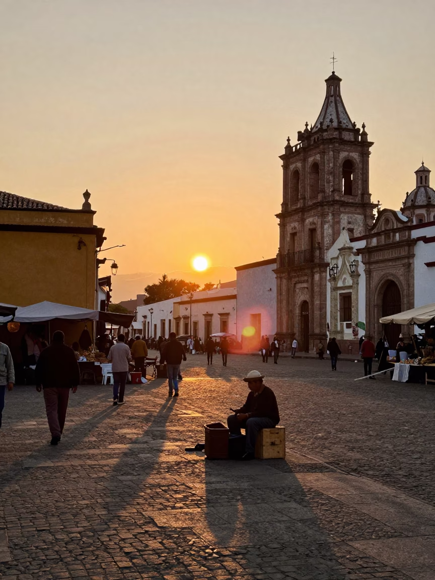 Street Scene in Oaxaca at As The Sun Drops Toward The Horizon in in Oaxaca, Mexico