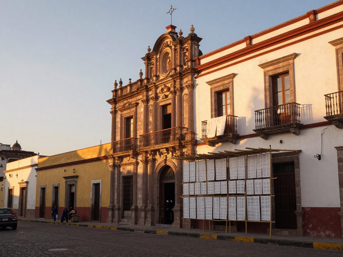 Street Scene in Oaxaca at As The Sun Drops Toward The Horizon in in Oaxaca, Mexico