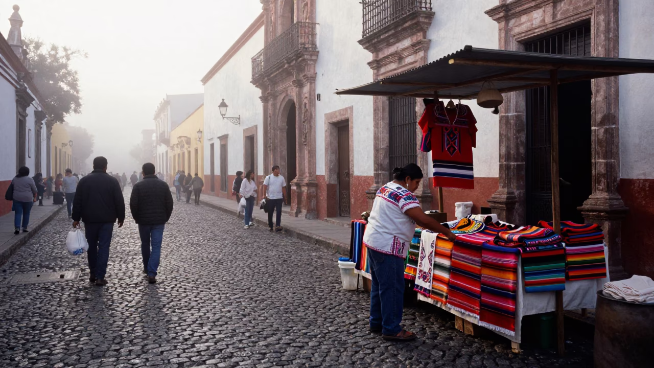 Street Scene in Oaxaca at Dawn Light in in Oaxaca, Mexico