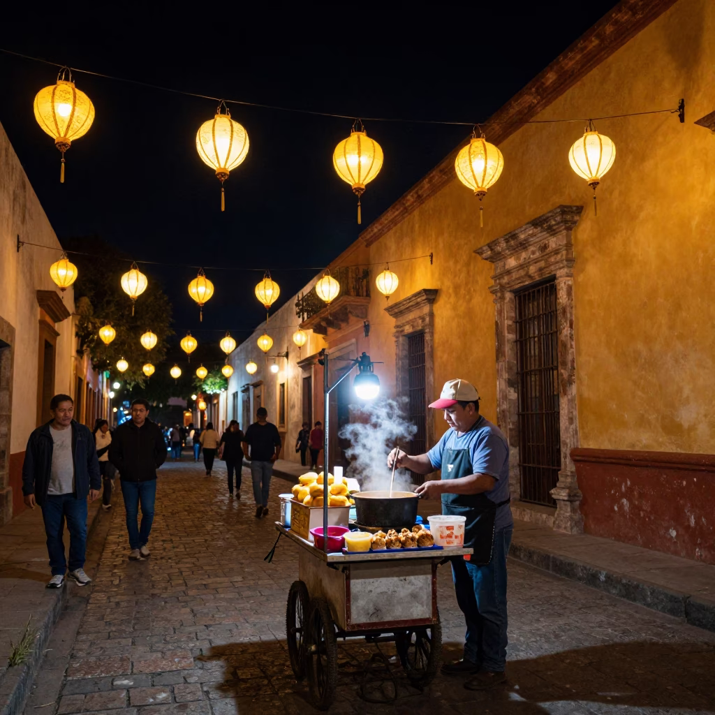 Street Scene in Oaxaca at Late At Night Light in in Oaxaca, Mexico
