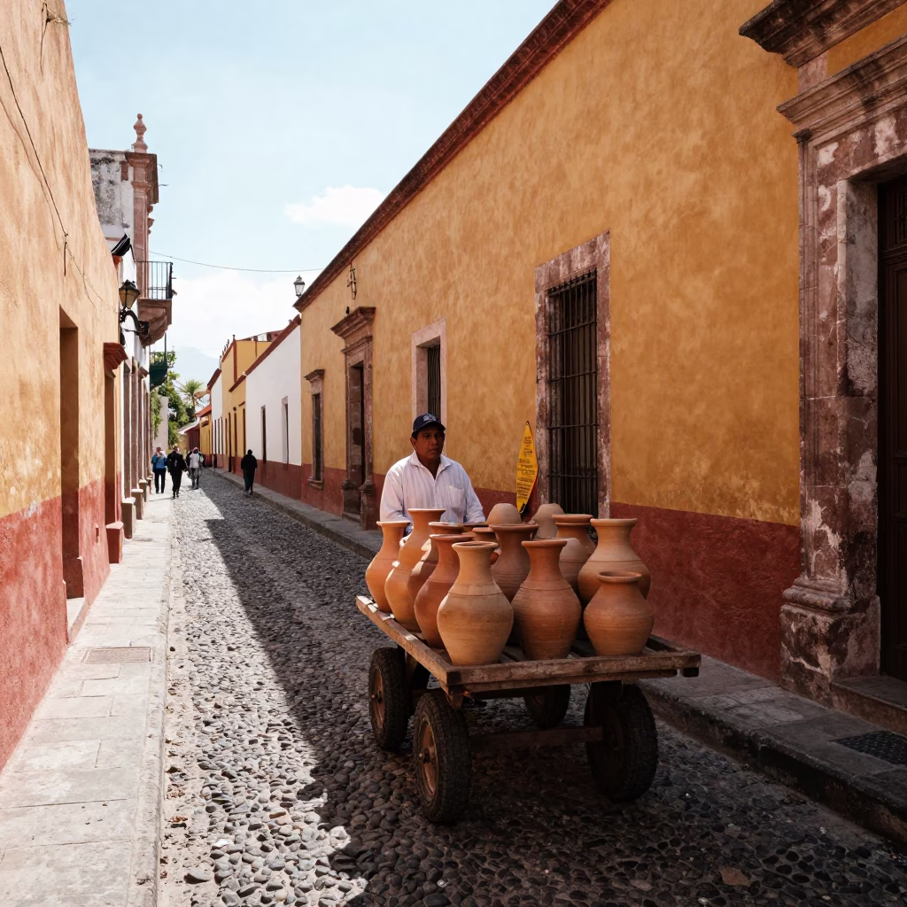 Street Scene in Oaxaca at Late Morning Light in in Oaxaca, Mexico