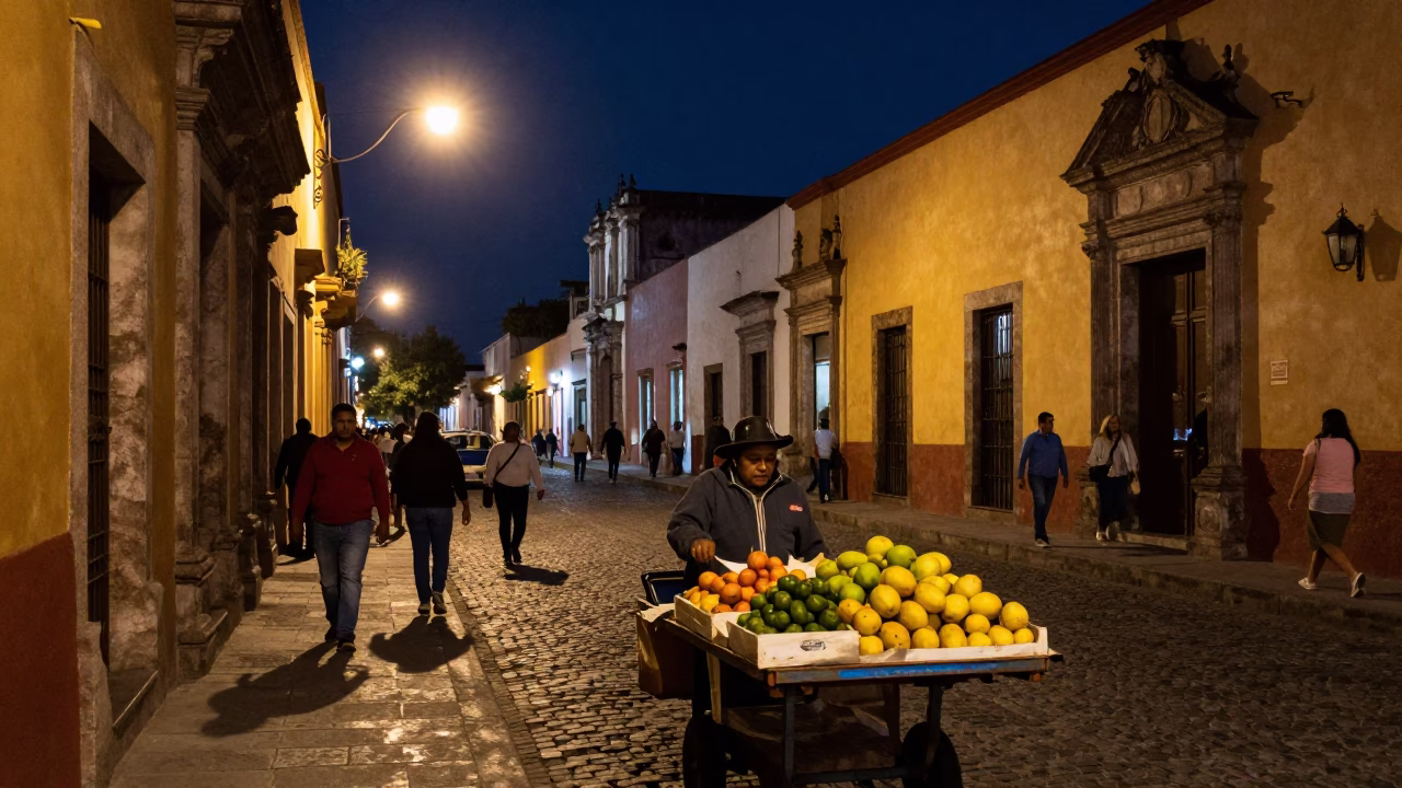 Street Scene in Oaxaca at Midnight Light in in Oaxaca, Mexico