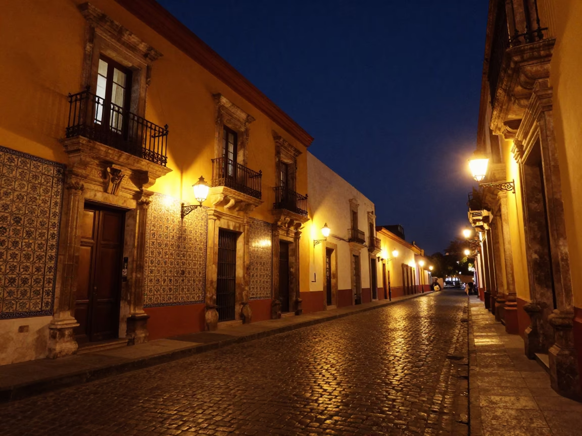 Street Scene in Oaxaca at Midnight Light in in Oaxaca, Mexico