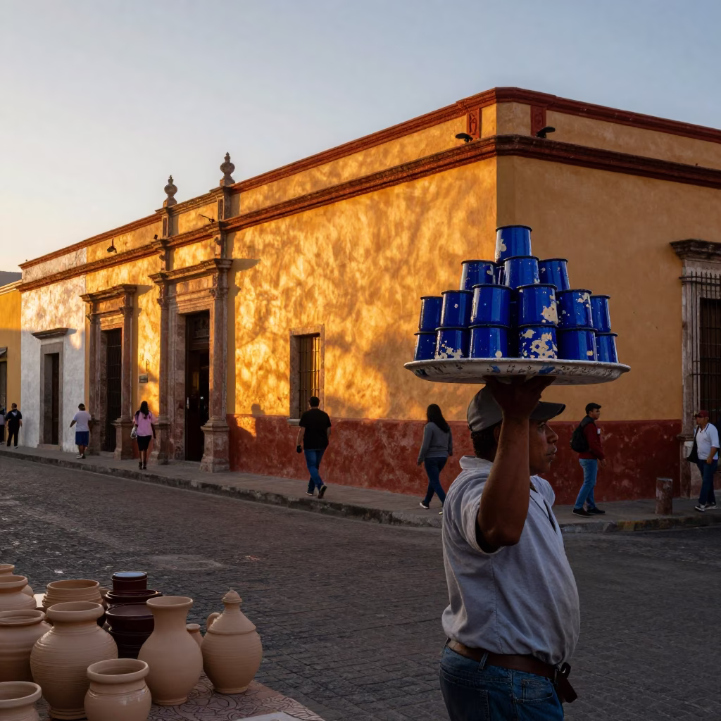 Street Scene in Oaxaca at Sunset Light in in Oaxaca, Mexico