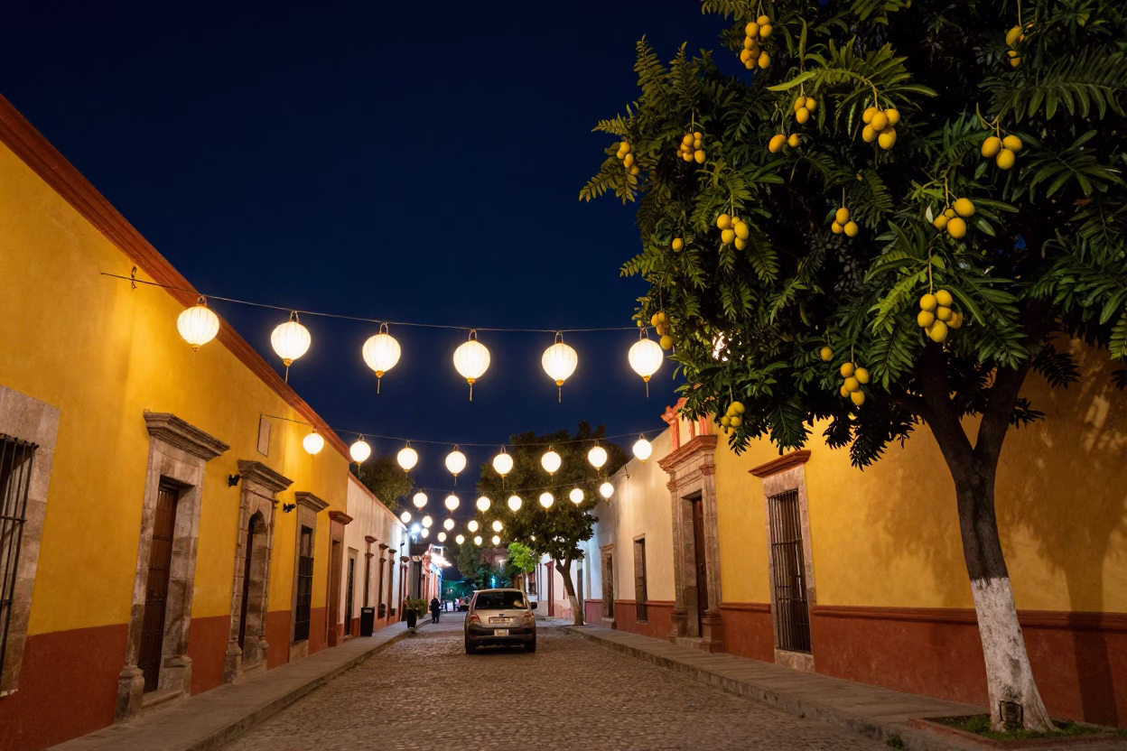 Street Scene in Oaxaca at The Deepest Night Sky Light in in Oaxaca, Mexico