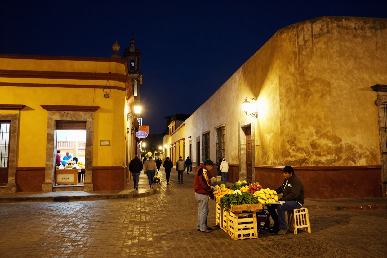 Street Scene in Oaxaca at The Deepest Night Sky Light in in Oaxaca, Mexico