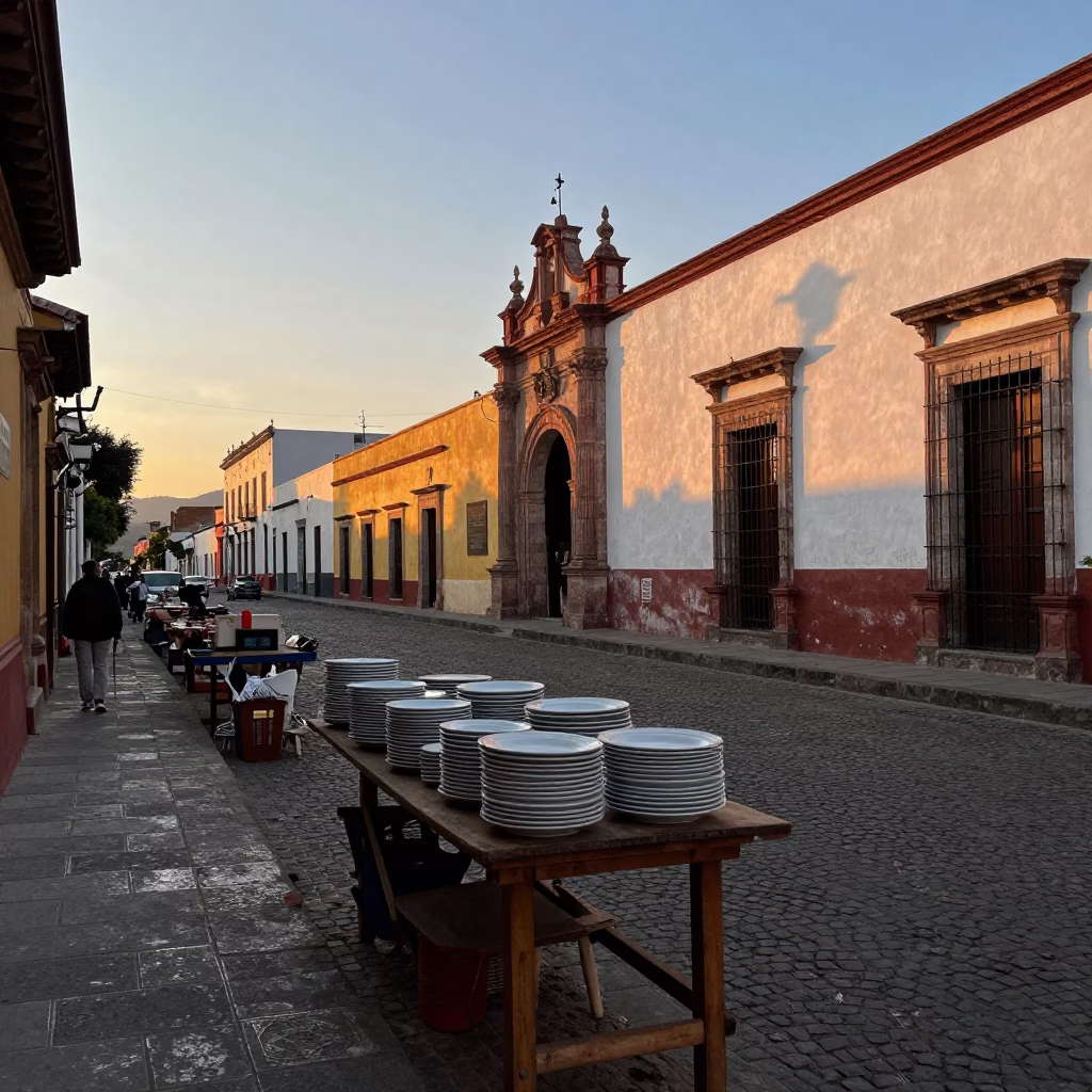 Street Scene in Oaxaca at The Early Evening Light in in Oaxaca, Mexico