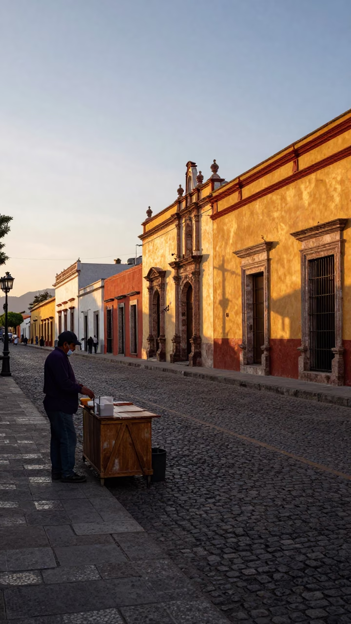 Street Scene in Oaxaca at The Early Evening Light in in Oaxaca, Mexico