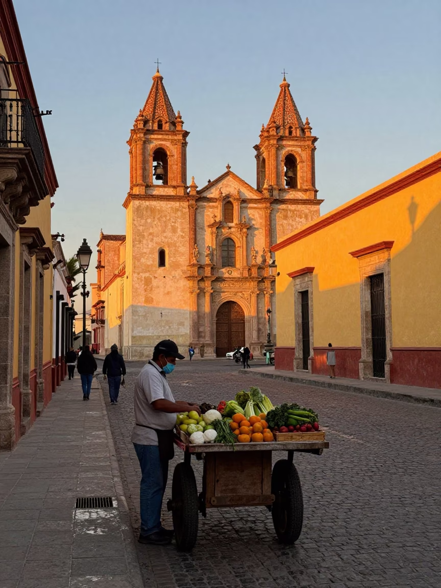 Street Scene in Oaxaca at The Early Evening Light in in Oaxaca, Mexico