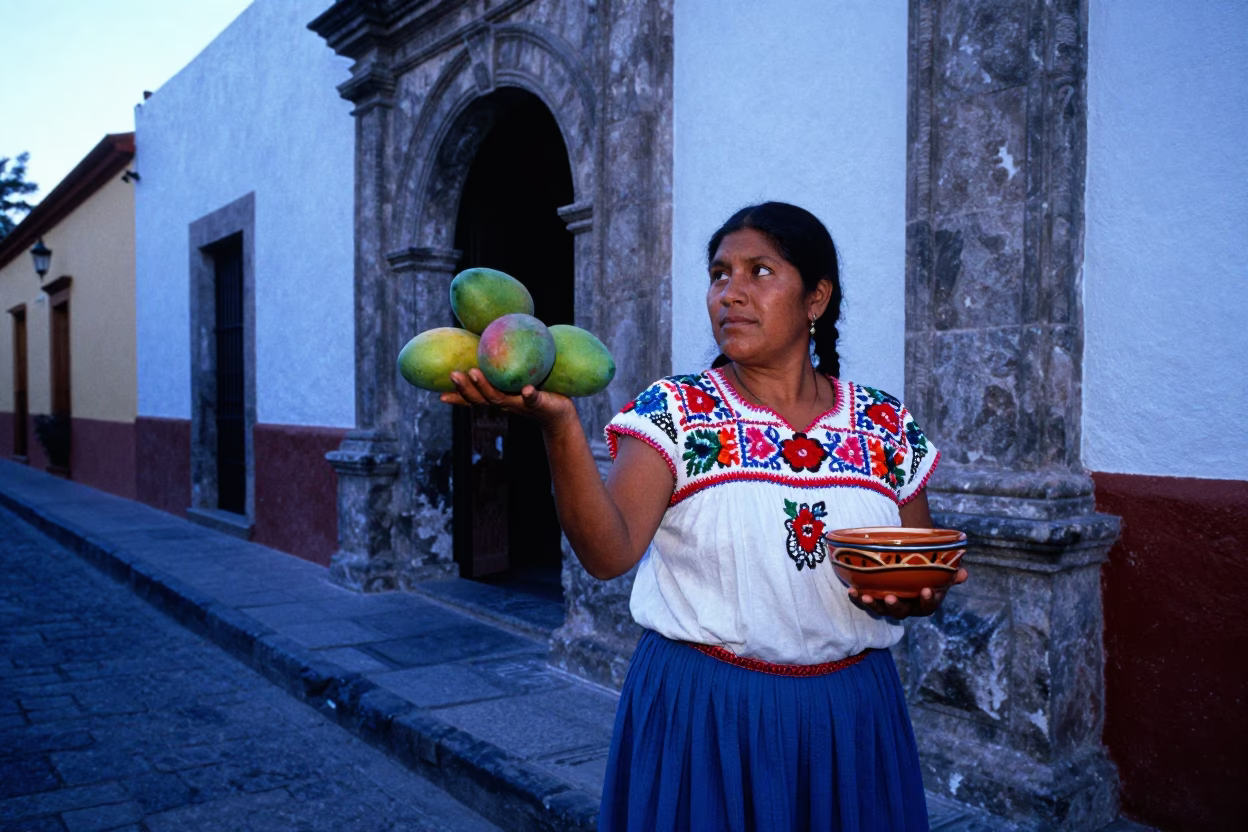 Street Scene in Oaxaca at The Last Blue Light Of Evening in in Oaxaca, Mexico