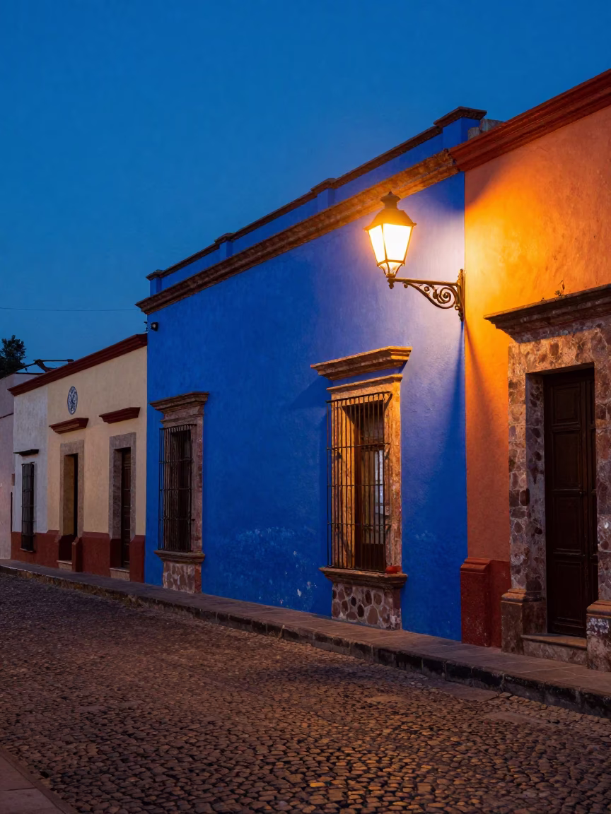 Street Scene in Oaxaca at The Last Blue Light Of Evening in in Oaxaca, Mexico