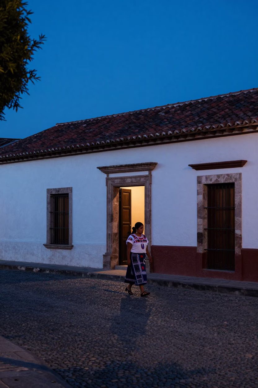Street Scene in Oaxaca at The Last Blue Light Of Evening in in Oaxaca, Mexico