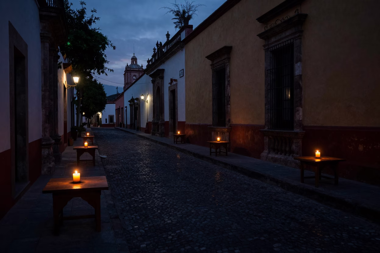 Street Scene in Oaxaca at The Predawn Darkness Light in in Oaxaca, Mexico