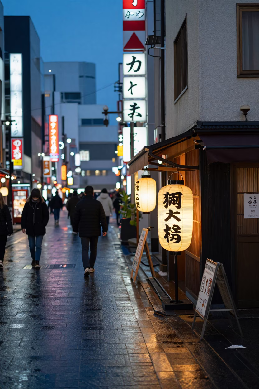 Street Scene in Osaka at As City Lights Begin To Glow in in Osaka, Japan