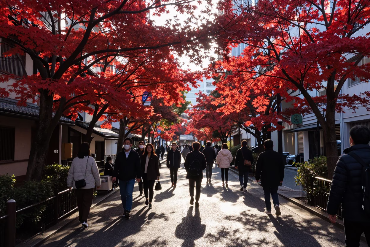 Street Scene in Osaka at As First Light Reaches The Scene in in Osaka, Japan