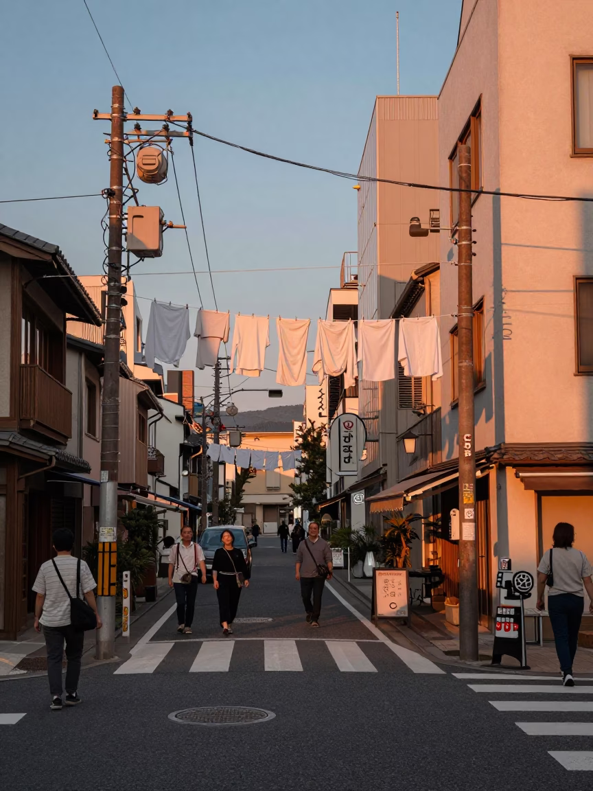 Street Scene in Osaka at Copper-toned Light Before Dusk in in Osaka, Japan