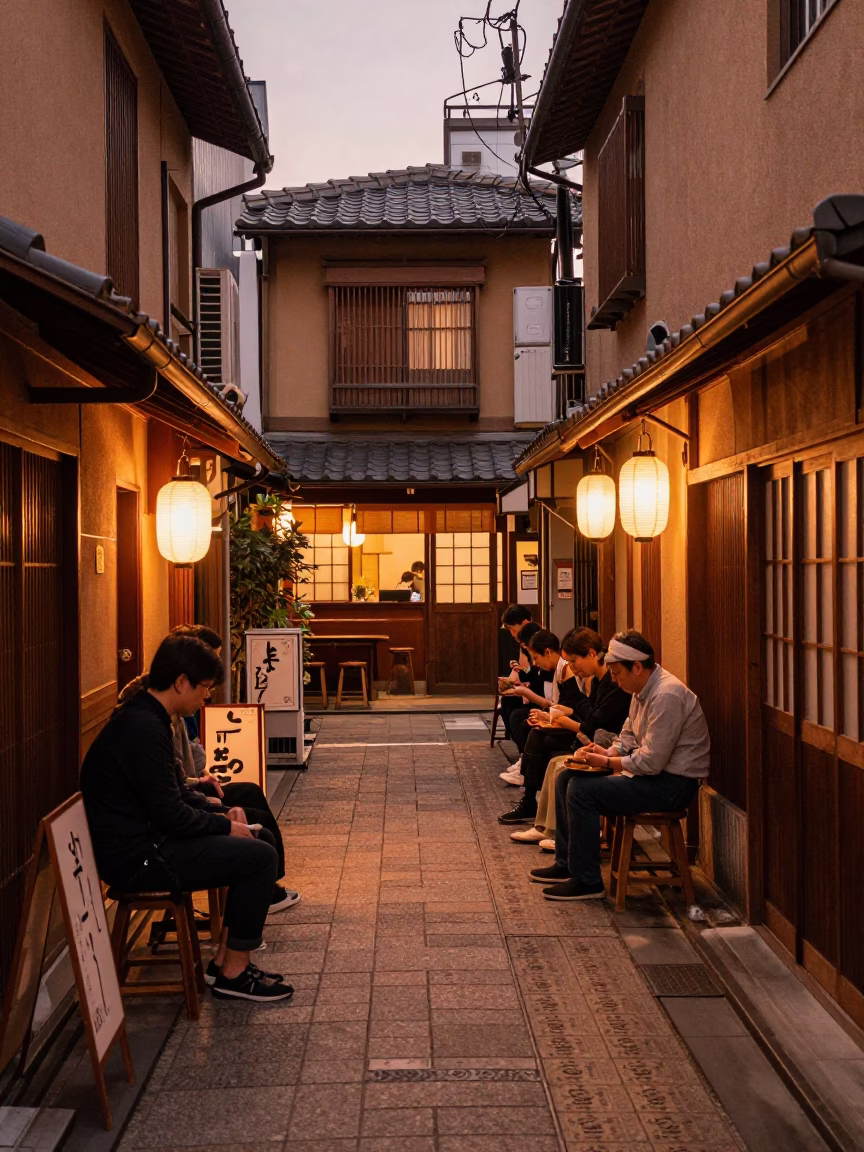 Street Scene in Osaka at Copper-toned Light Before Dusk in in Osaka, Japan