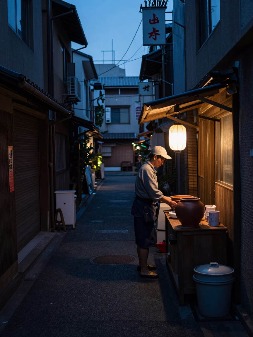 Street Scene in Osaka at The Predawn Darkness Light in in Osaka, Japan