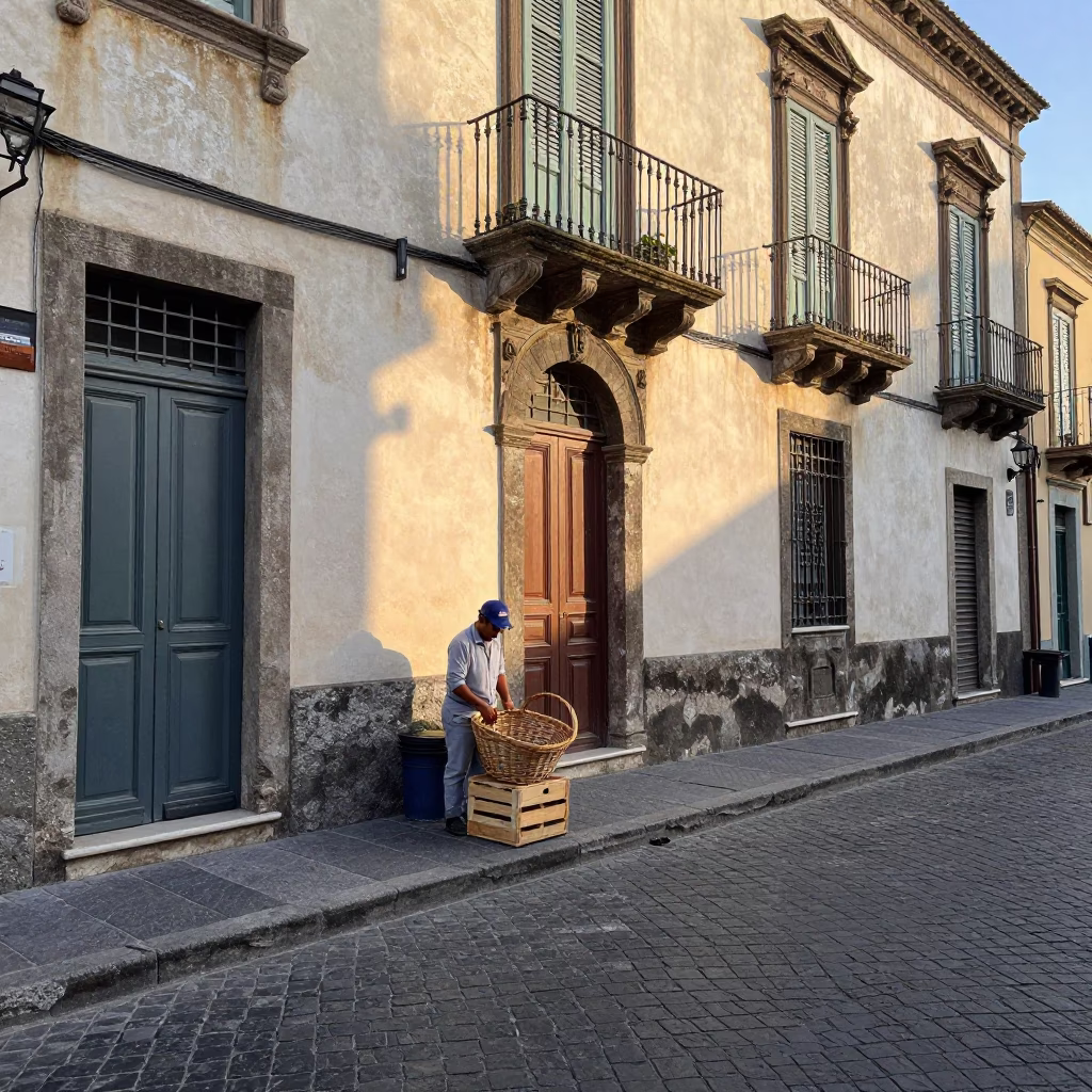 Street Scene in Palermo at As First Light Reaches The Scene in in Palermo, Italy
