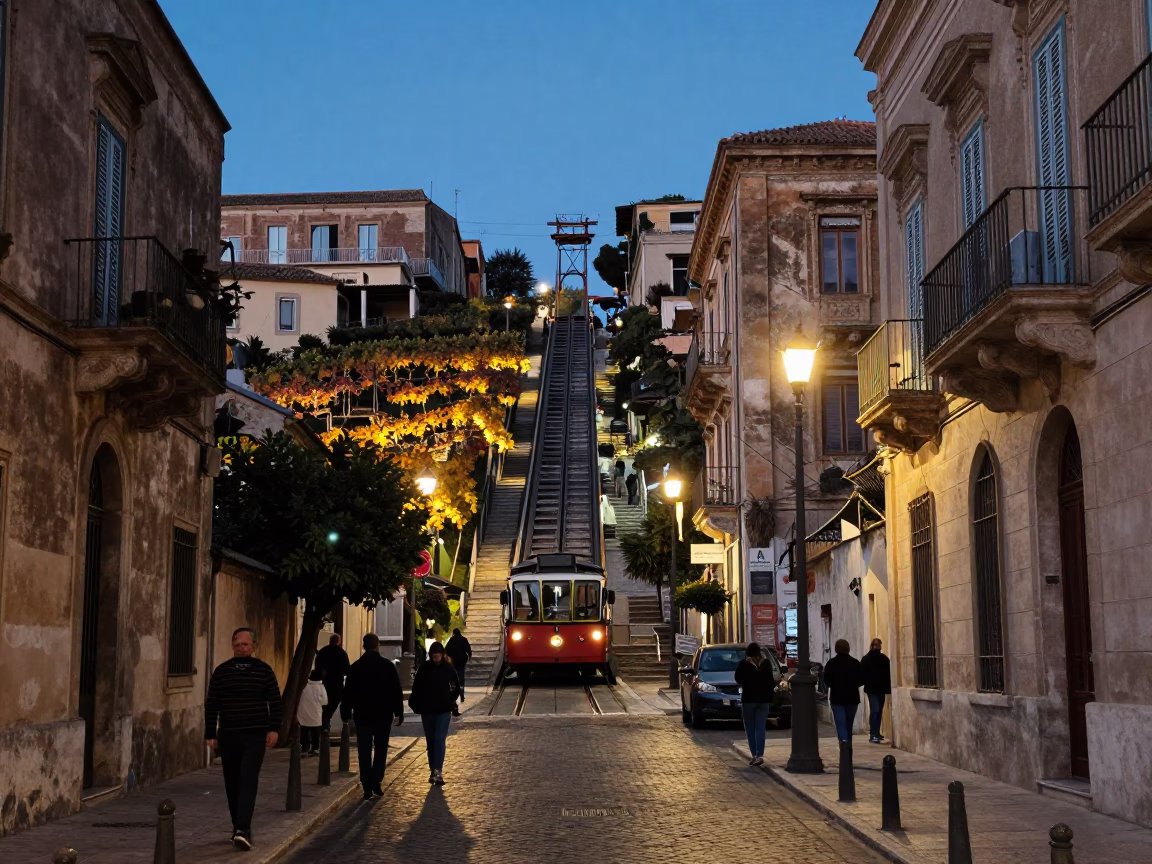 Street Scene in Palermo at Indigo Twilight After Sunset in in Palermo, Italy