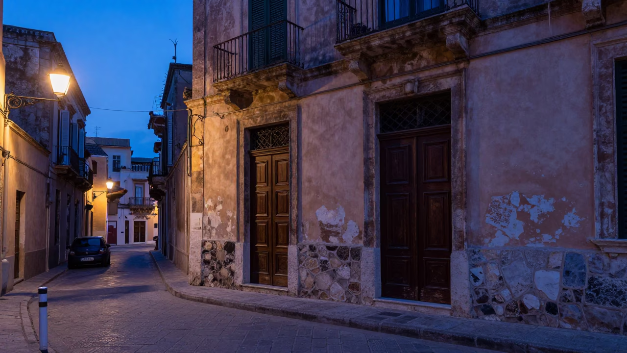 Street Scene in Palermo at Indigo Twilight After Sunset in in Palermo, Italy