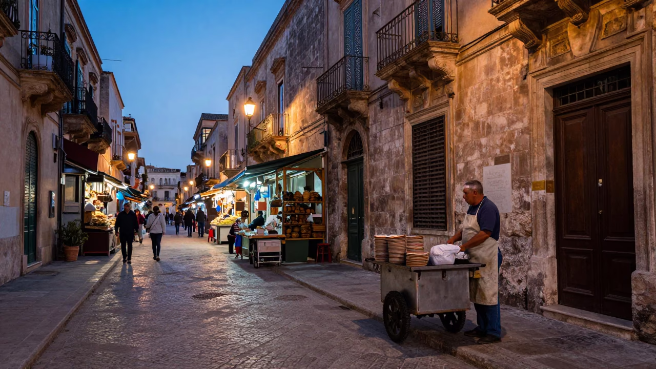 Street Scene in Palermo at Nautical Dawn Light in in Palermo, Italy