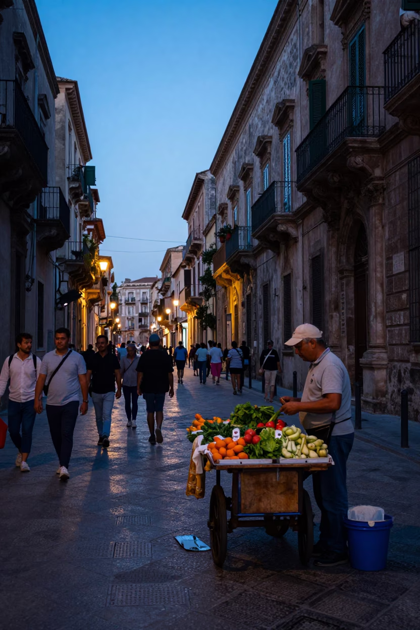 Street Scene in Palermo at Nautical Dawn Light in in Palermo, Italy