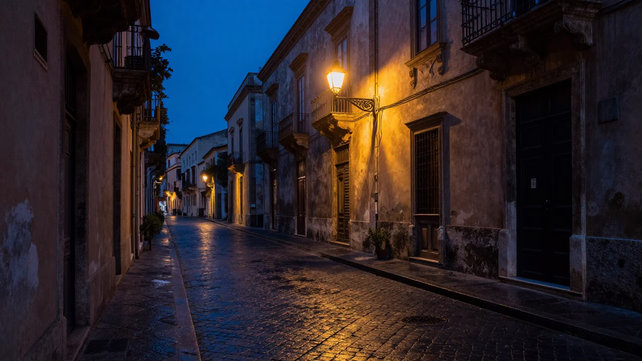 Street Scene in Palermo at The Predawn Darkness Light in in Palermo, Italy