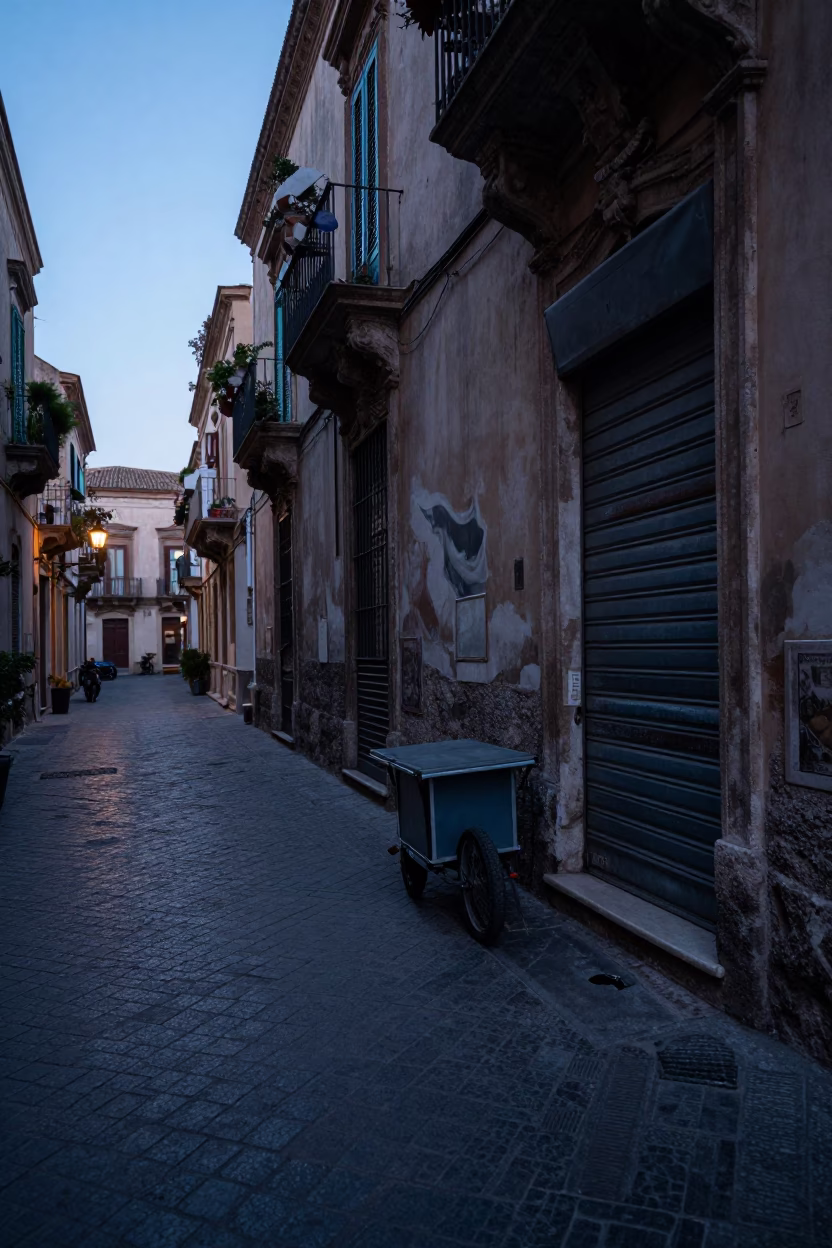 Street Scene in Palermo at The Still Hours Before Dawn Light in in Palermo, Italy