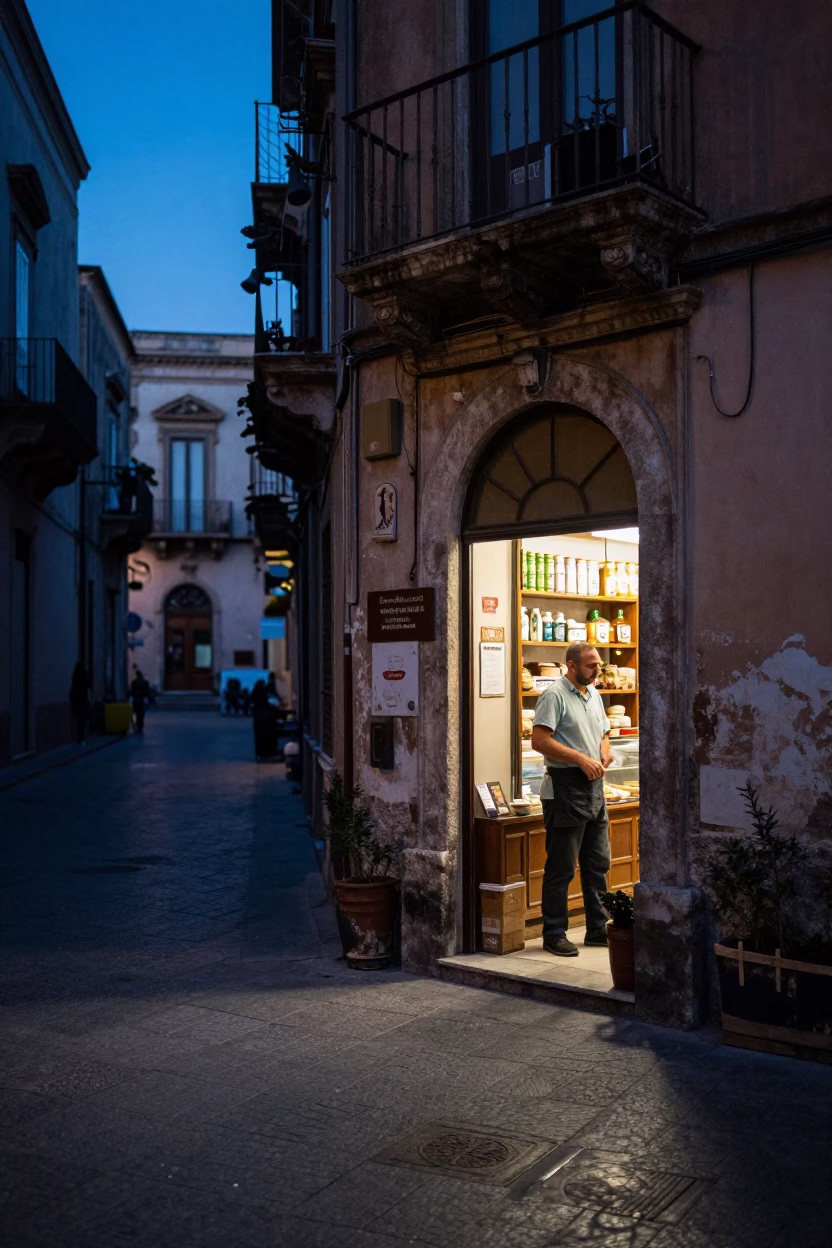 Street Scene in Palermo at The Still Hours Before Dawn Light in in Palermo, Italy