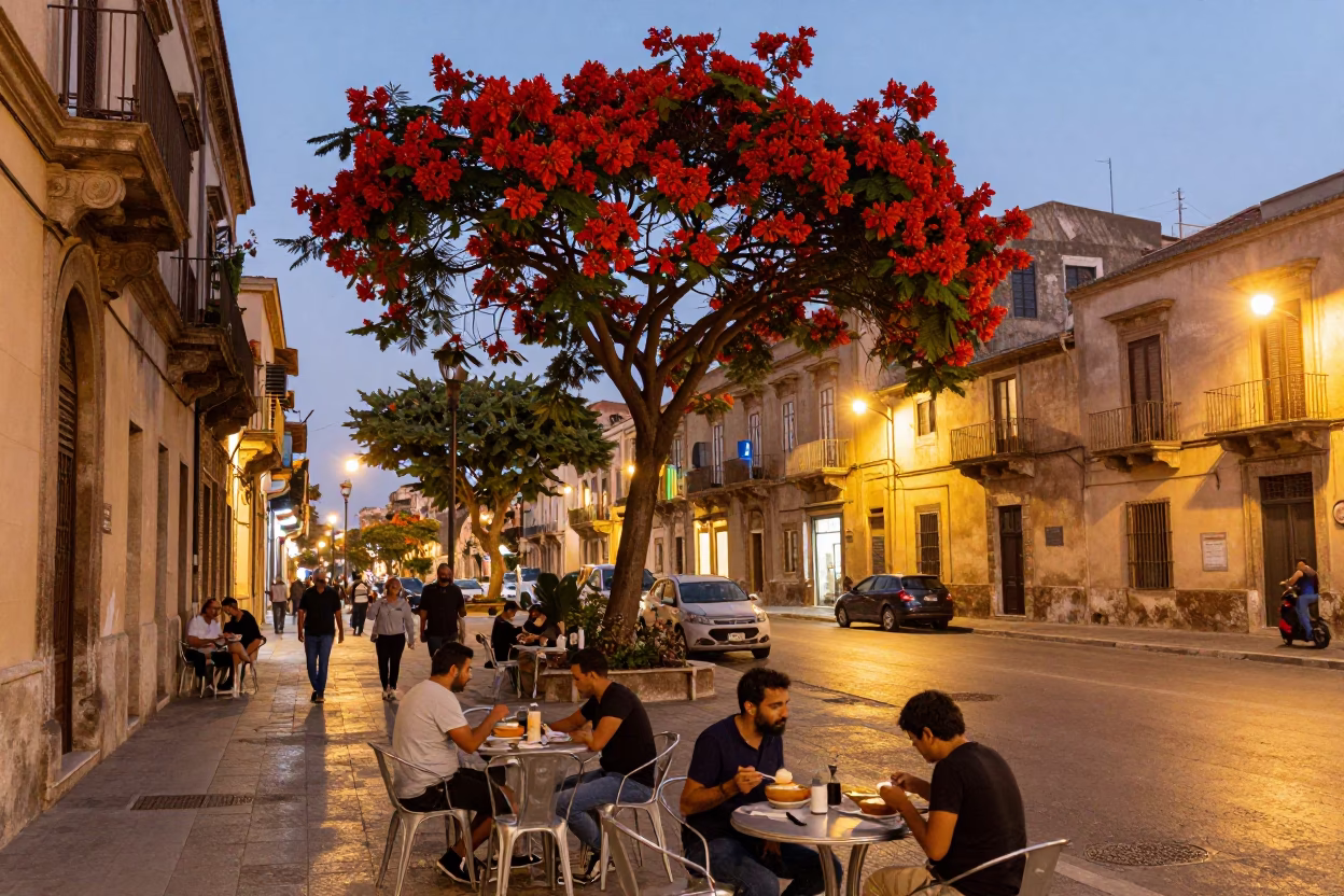 Street Scene in Palermo Italy Evening with Flame Tree Bloom and Traditional Life in in Palermo, Italy