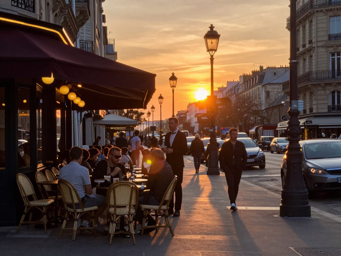 Street Scene in Paris at As The Sun Drops Toward The Horizon in in Paris, France