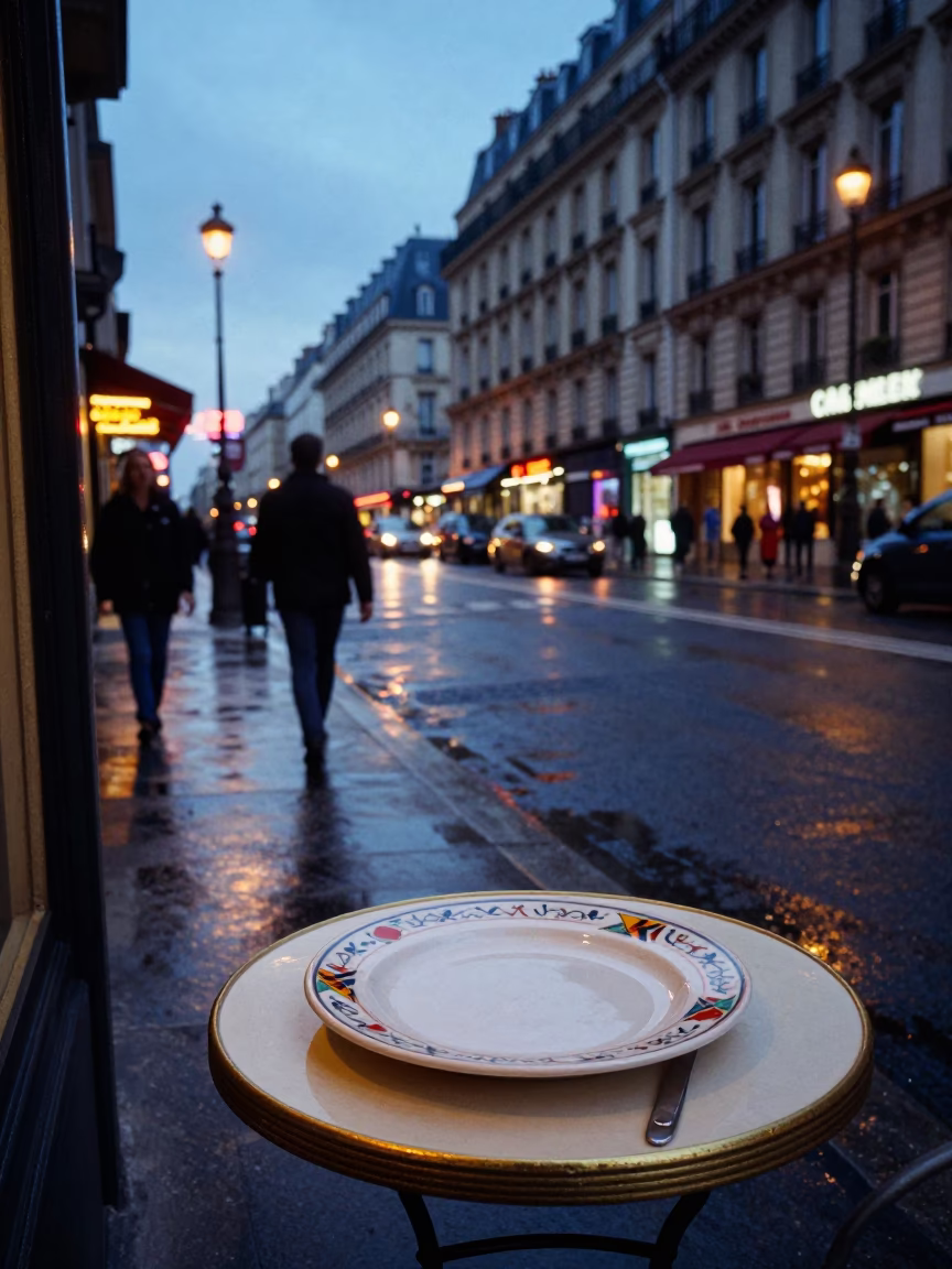 Street Scene in Paris at Blue Hour in in Paris, France