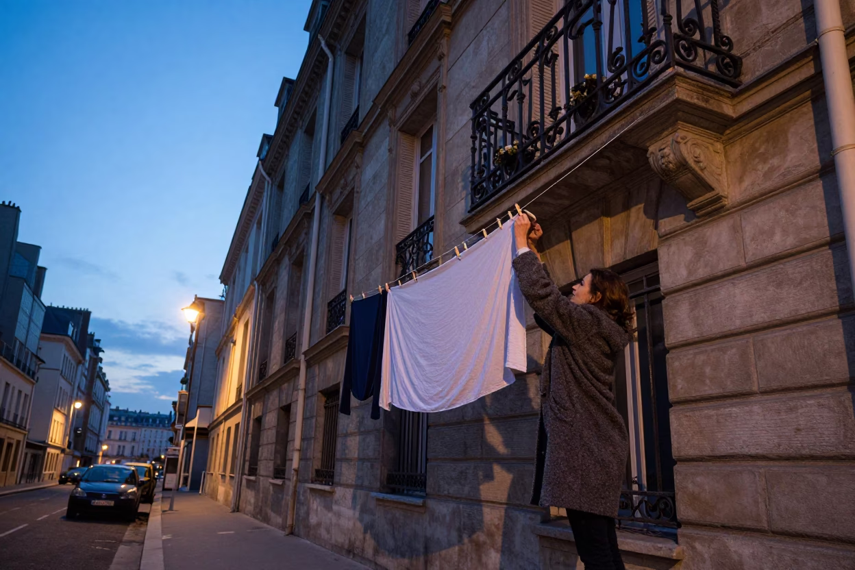 Street Scene in Paris at Nautical Dawn Light in in Paris, France