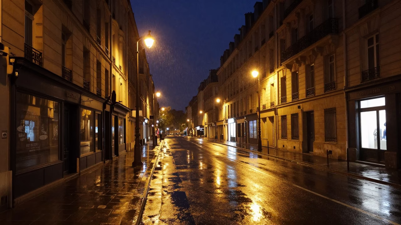 Street Scene in Paris at The Deepest Night Sky Light in in Paris, France