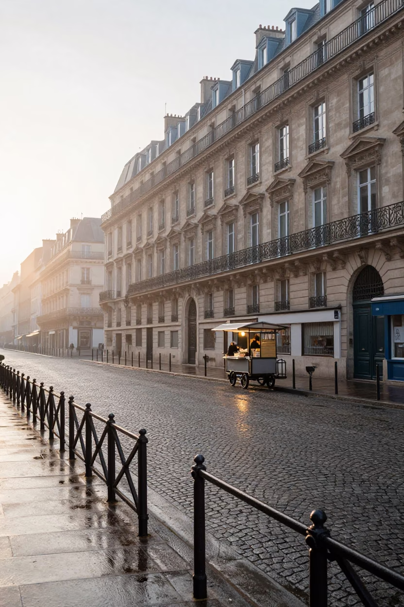 Street Scene in Paris at The Early Morning Light in in Paris, France