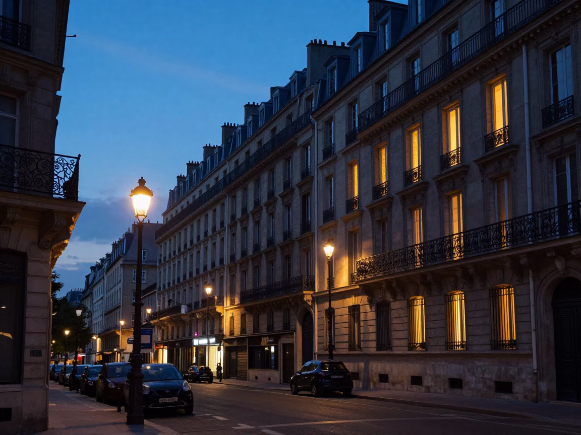 Street Scene in Paris at The Still Hours Before Dawn Light in in Paris, France