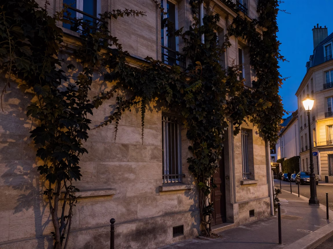 Street Scene in Paris at The Still Hours Before Dawn Light in in Paris, France