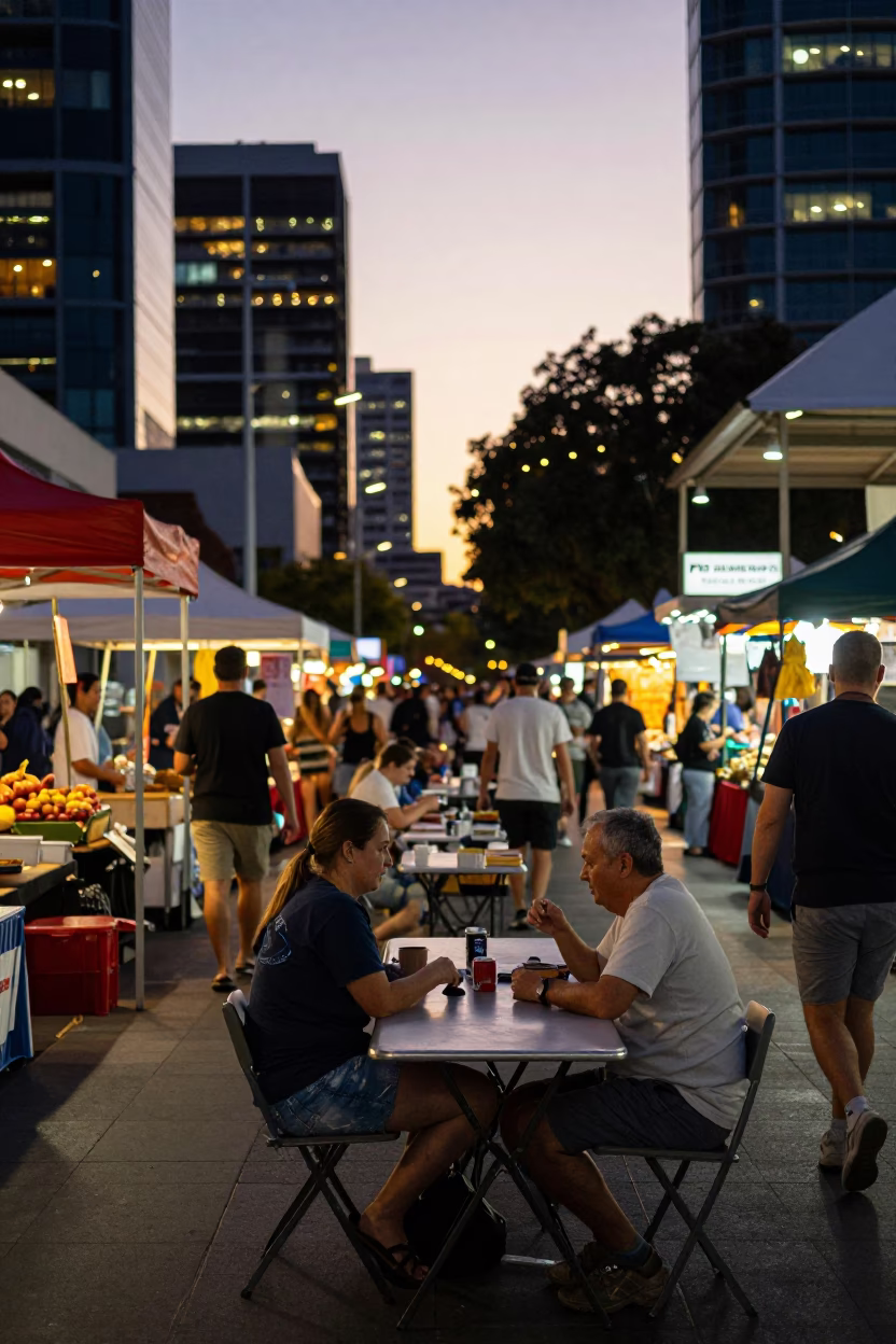 Street Scene in Perth at As City Lights Begin To Glow in in Perth, Western Australia, Australia