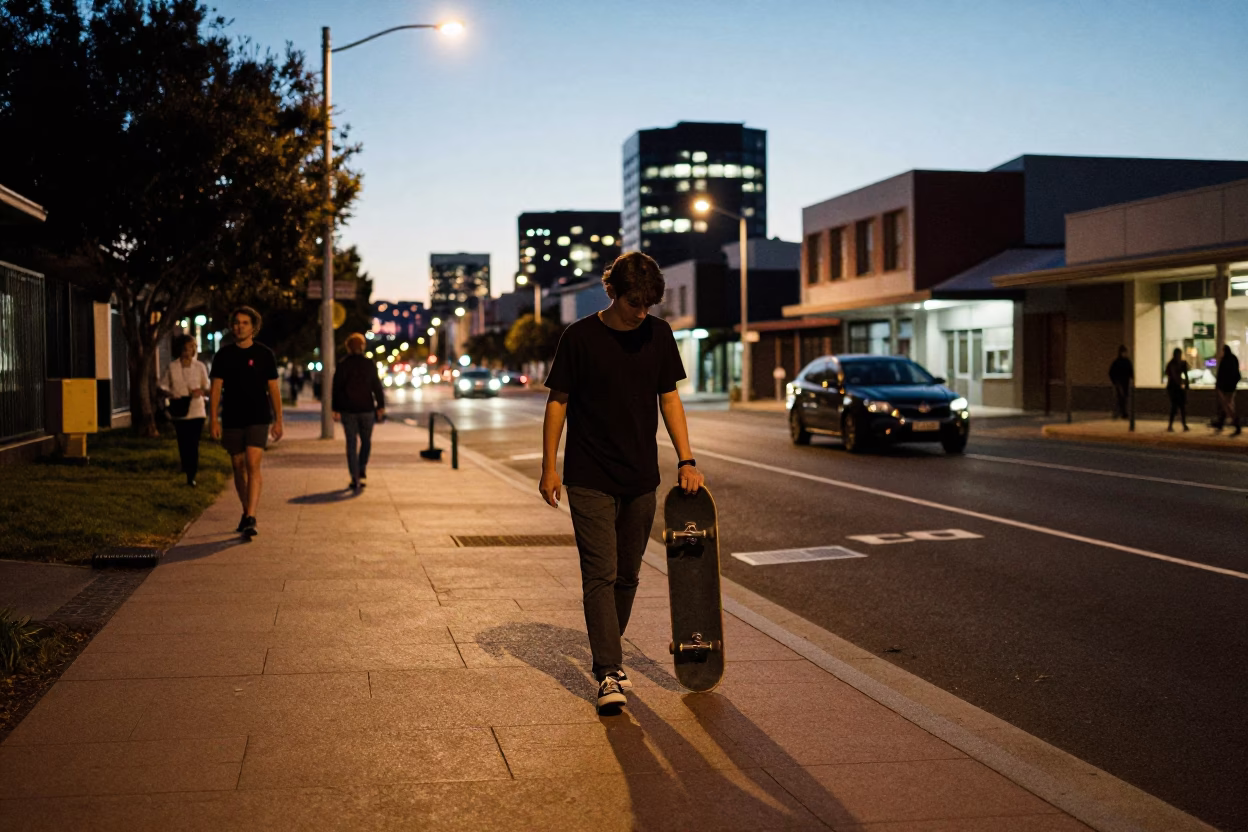 Street Scene in Perth at As City Lights Begin To Glow in in Perth, Western Australia, Australia
